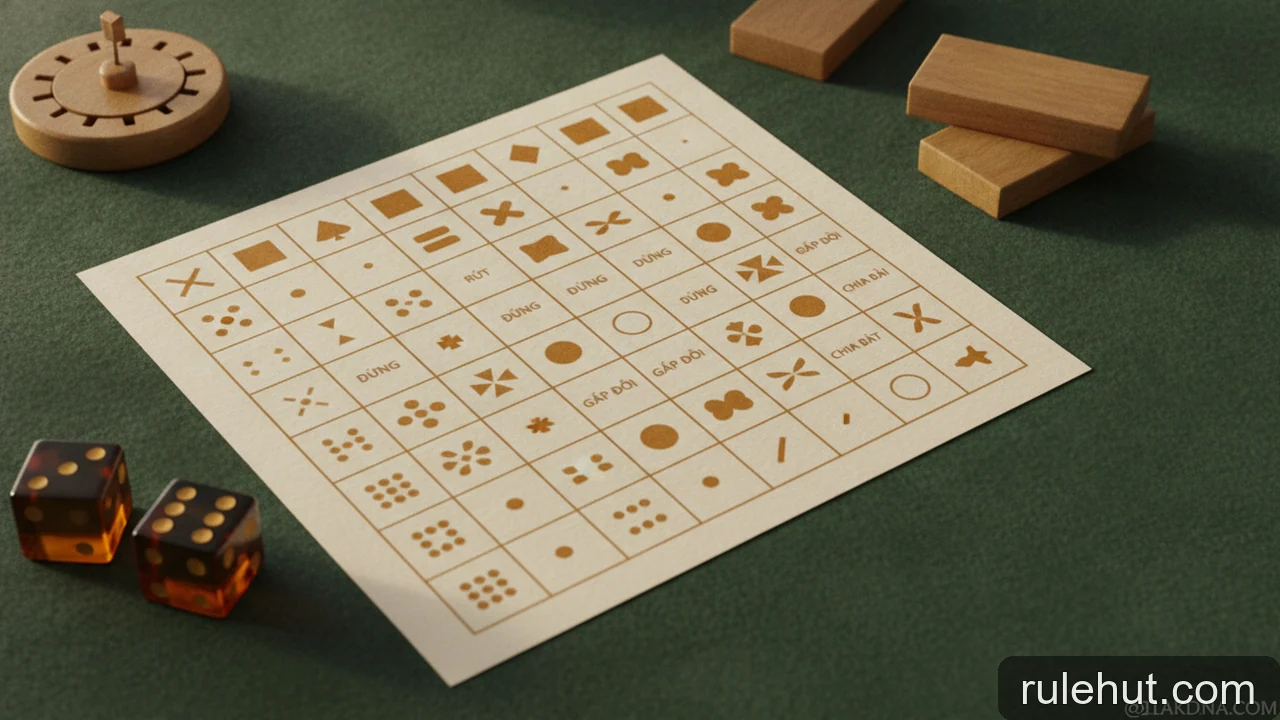 Minh họa: Bảng quyết định cơ bản trong Blackjack: khi nào nên rút, dừng, gấp đôi hay chia bài