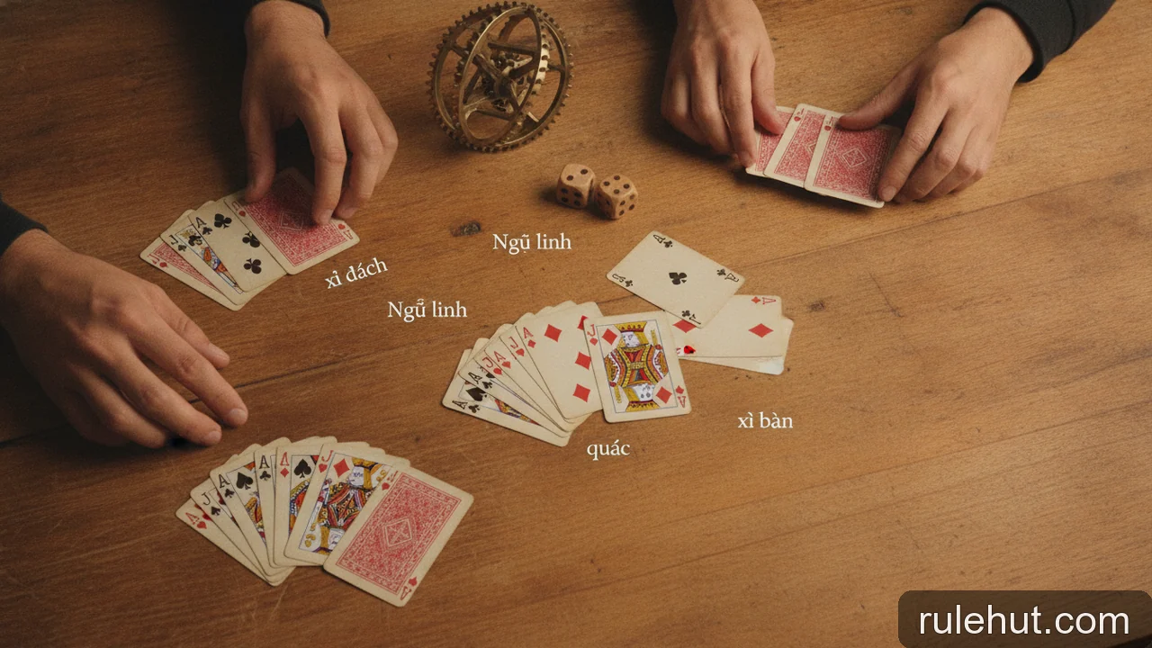 Minh họa: Luật chơi Xì Dách: xì bàn, xì dách, ngũ linh, quắc và cách so bài