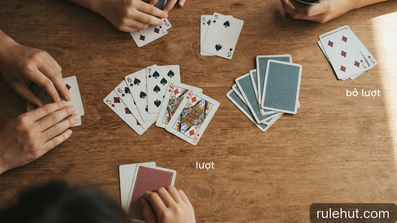 Minh họa cho Từ điển trò chơi bài: lượt, vòng, chặn, bỏ lượt và hạ bài